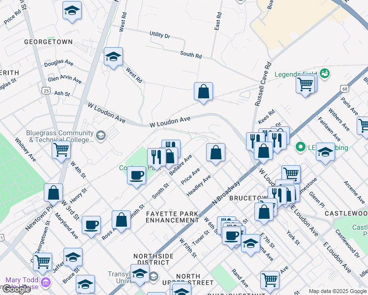 map of restaurants, bars, coffee shops, grocery stores, and more near 525 West 6th Street in Lexington