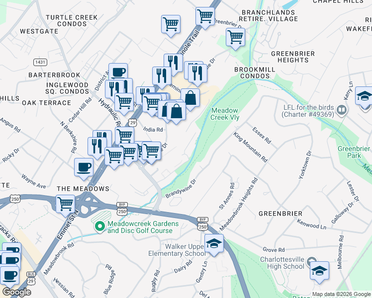 map of restaurants, bars, coffee shops, grocery stores, and more near 2111 Michie Drive in Charlottesville