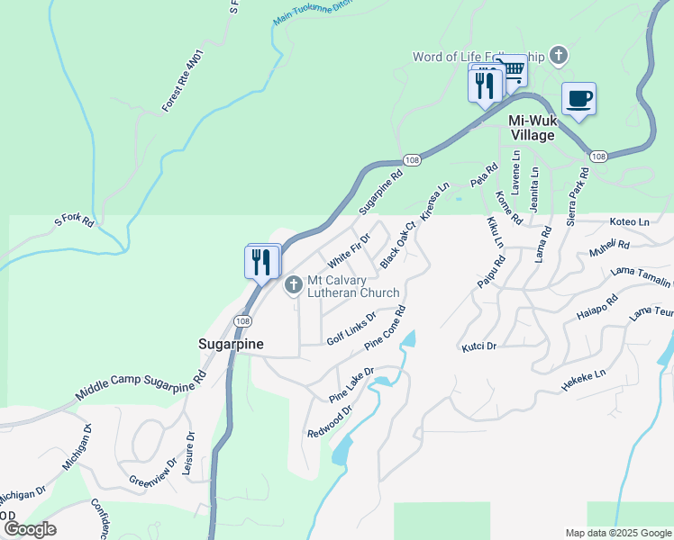 map of restaurants, bars, coffee shops, grocery stores, and more near 24215 White Fir Dr in Twain Harte