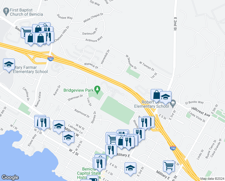 map of restaurants, bars, coffee shops, grocery stores, and more near 1810 Shirley Drive in Benicia