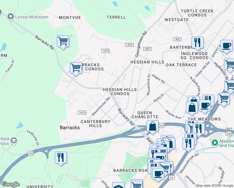 map of restaurants, bars, coffee shops, grocery stores, and more near 117 Hessian Hills Ridge in Charlottesville