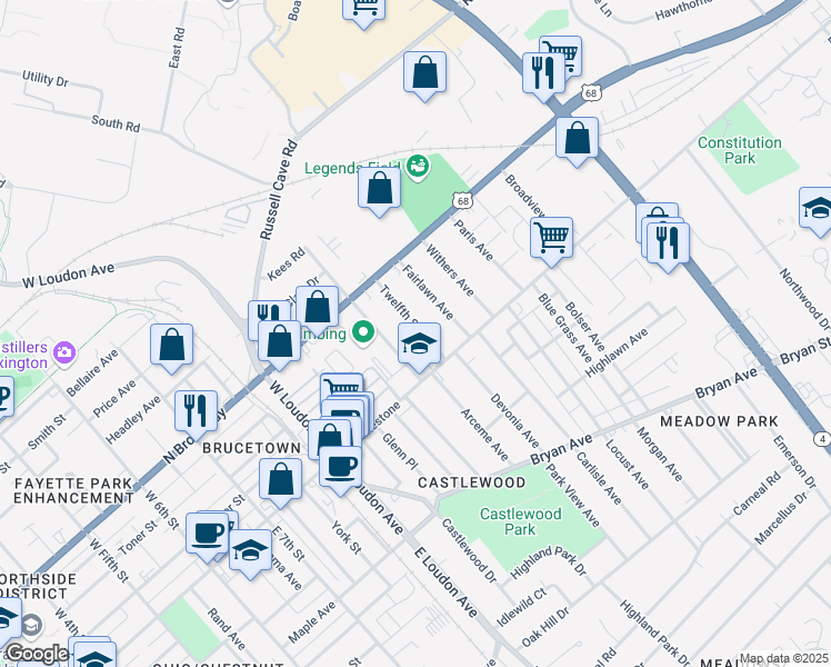 map of restaurants, bars, coffee shops, grocery stores, and more near 116 Twelfth Street in Lexington