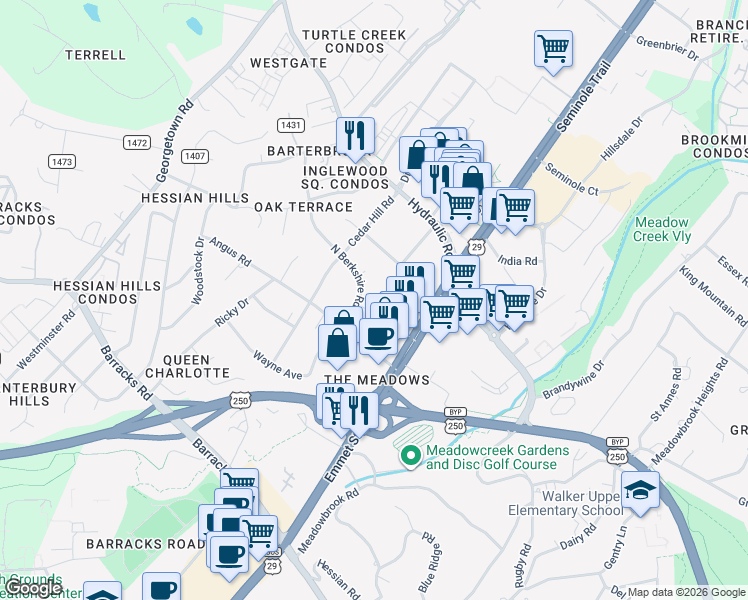 map of restaurants, bars, coffee shops, grocery stores, and more near 2206 North Berkshire Road in Charlottesville