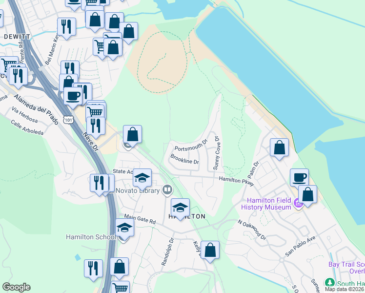 map of restaurants, bars, coffee shops, grocery stores, and more near 19 Portsmouth Drive in Novato