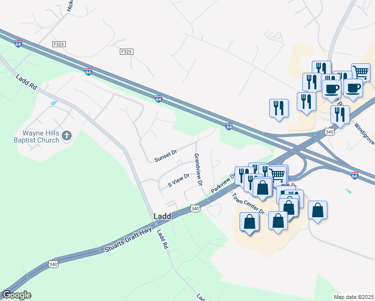 map of restaurants, bars, coffee shops, grocery stores, and more near 183 Sunset Drive in Waynesboro