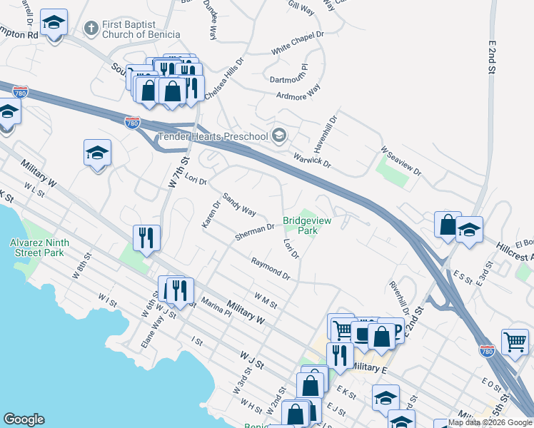 map of restaurants, bars, coffee shops, grocery stores, and more near 457 Sandy Way in Benicia