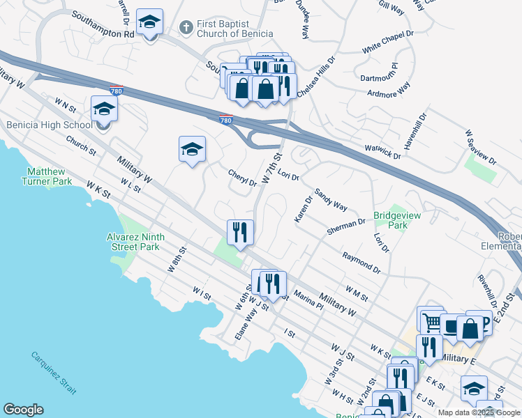 map of restaurants, bars, coffee shops, grocery stores, and more near 29 Buena Vista in Benicia