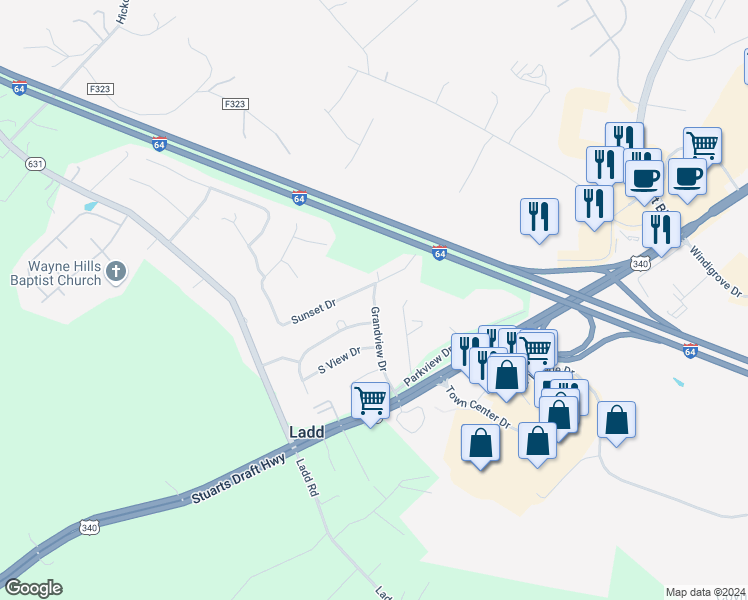 map of restaurants, bars, coffee shops, grocery stores, and more near Grandview Drive in Waynesboro