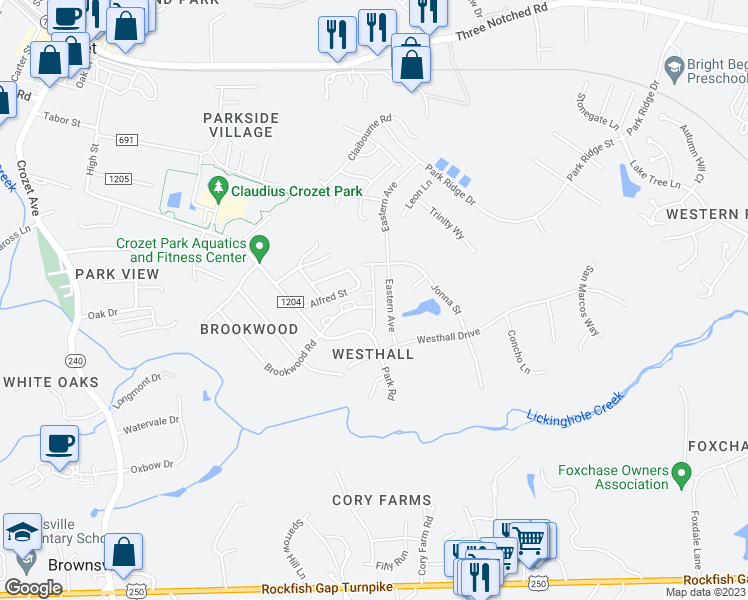 map of restaurants, bars, coffee shops, grocery stores, and more near Summerdean Road in Crozet