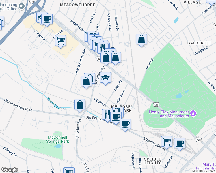 map of restaurants, bars, coffee shops, grocery stores, and more near 1209 Texaco Road in Lexington