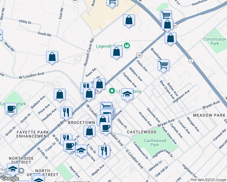 map of restaurants, bars, coffee shops, grocery stores, and more near 132 North Broadway Park in Lexington