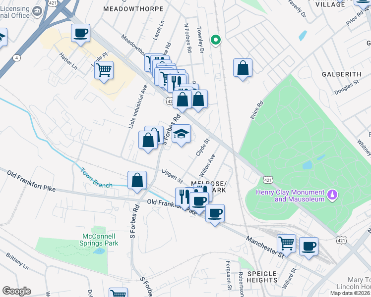 map of restaurants, bars, coffee shops, grocery stores, and more near 1209 Texaco Road in Lexington