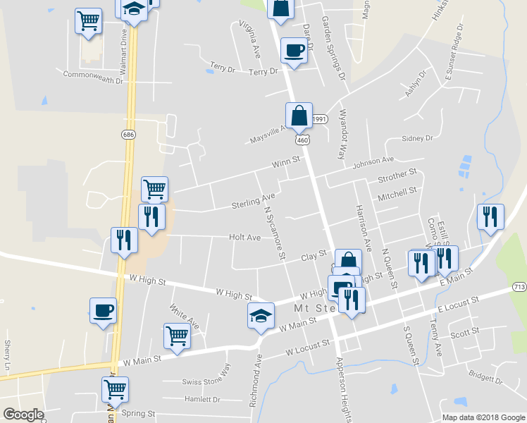 map of restaurants, bars, coffee shops, grocery stores, and more near 320 North Sycamore Street in Mount Sterling
