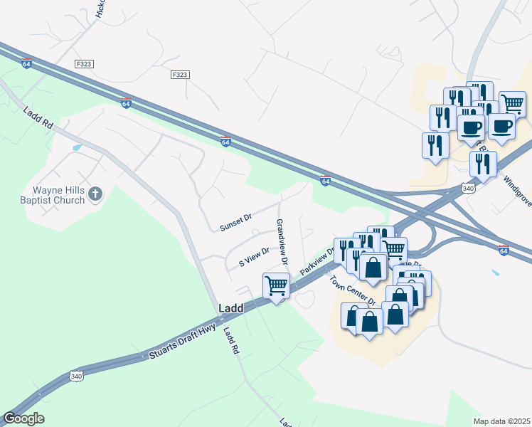 map of restaurants, bars, coffee shops, grocery stores, and more near 183 Sunset Drive in Waynesboro