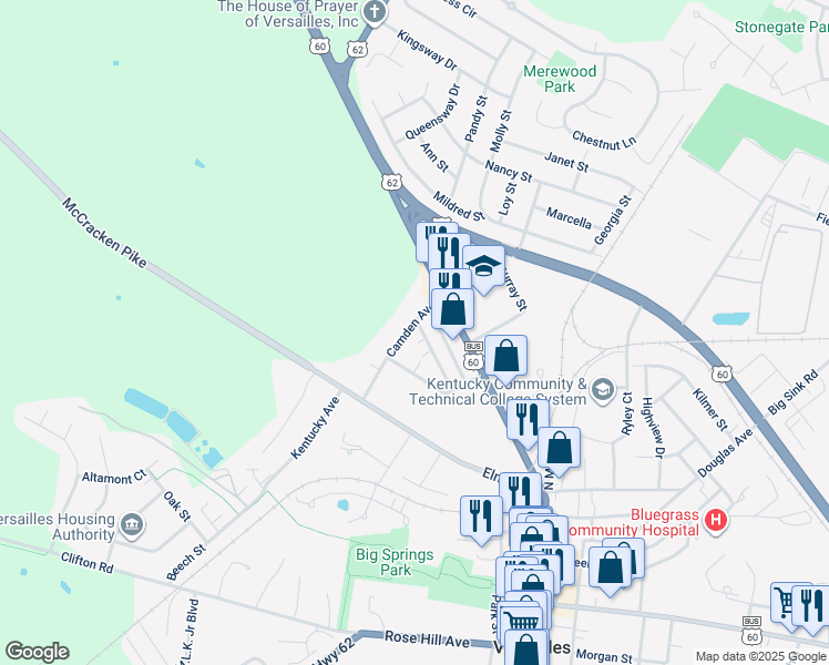 map of restaurants, bars, coffee shops, grocery stores, and more near 195 Virginia Avenue in Versailles