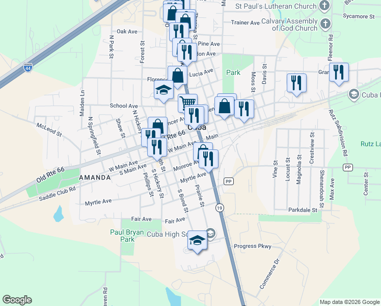 map of restaurants, bars, coffee shops, grocery stores, and more near 206 Southwest Main Avenue in Cuba