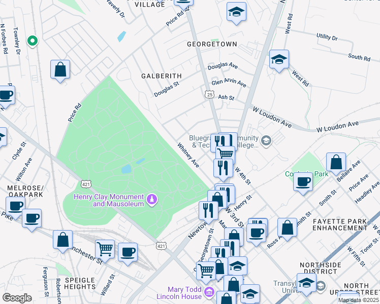 map of restaurants, bars, coffee shops, grocery stores, and more near 807 Whitney Avenue in Lexington