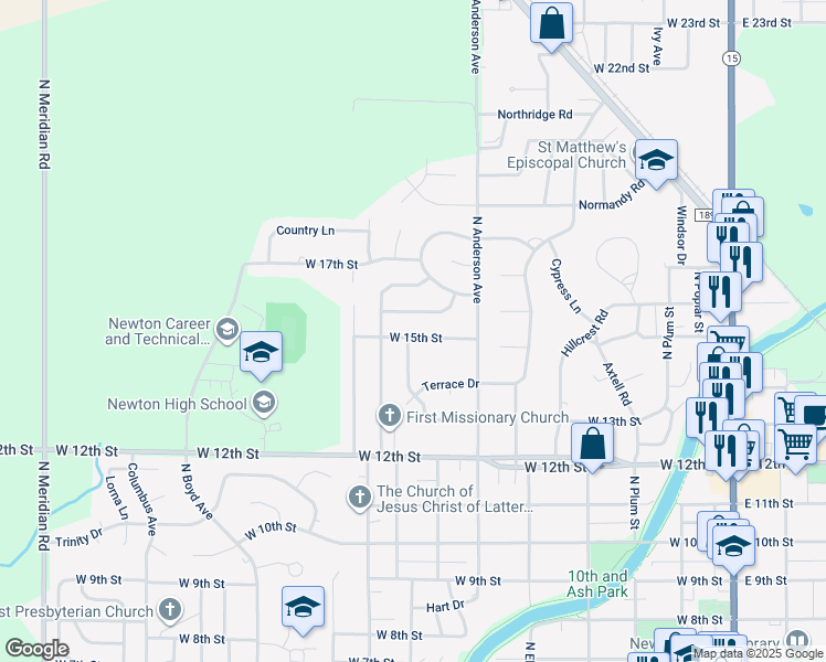 map of restaurants, bars, coffee shops, grocery stores, and more near 724-726 West 15th Street in Newton
