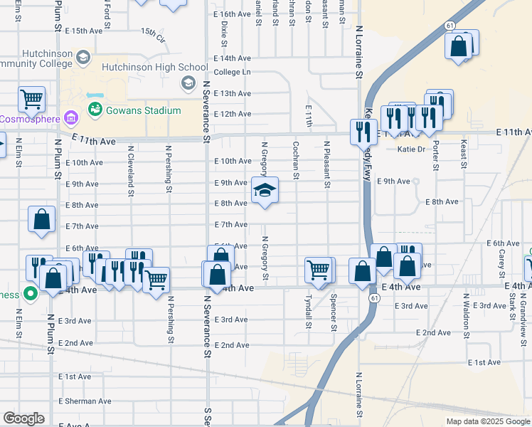 map of restaurants, bars, coffee shops, grocery stores, and more near 700 North Baker Street in Hutchinson