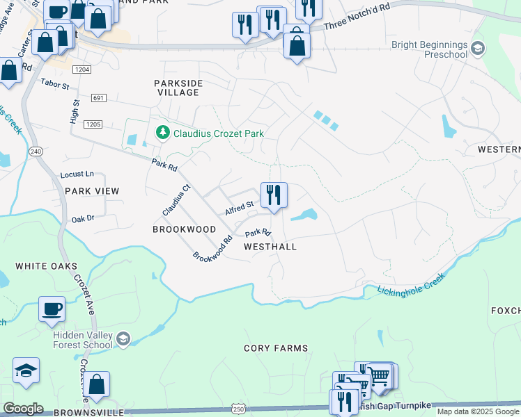 map of restaurants, bars, coffee shops, grocery stores, and more near 306 Marquette Court in Crozet