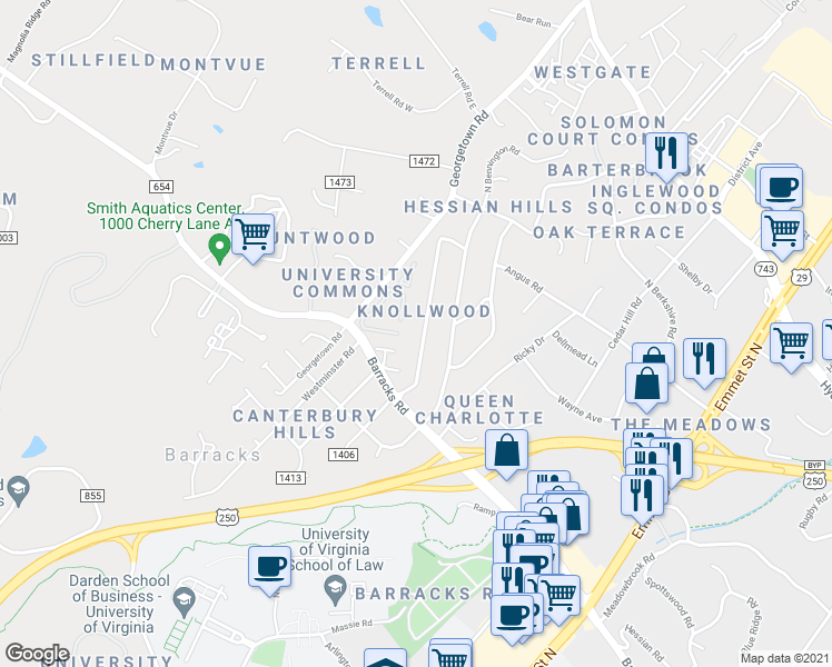 map of restaurants, bars, coffee shops, grocery stores, and more near 121 W Park Dr in Charlottesville