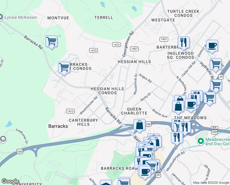 map of restaurants, bars, coffee shops, grocery stores, and more near 121 West Park Drive in Charlottesville