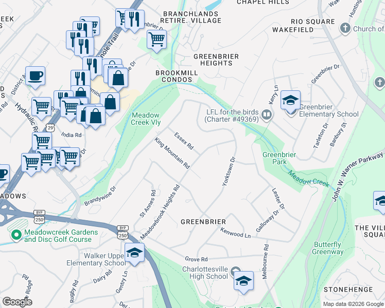 map of restaurants, bars, coffee shops, grocery stores, and more near 1702 Essex Road in Charlottesville