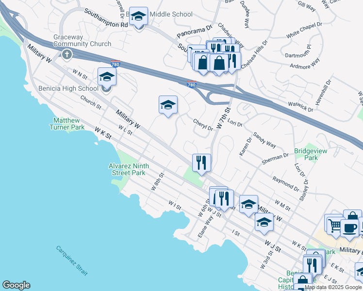 map of restaurants, bars, coffee shops, grocery stores, and more near 71 Carolina Drive in Benicia
