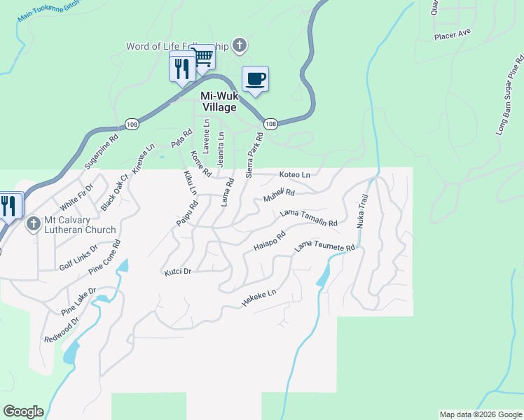 map of restaurants, bars, coffee shops, grocery stores, and more near 20701 Muheli Road in Mi-Wuk Village