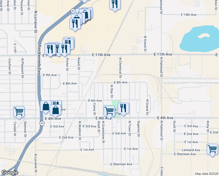 map of restaurants, bars, coffee shops, grocery stores, and more near 617 N Star St in Hutchinson