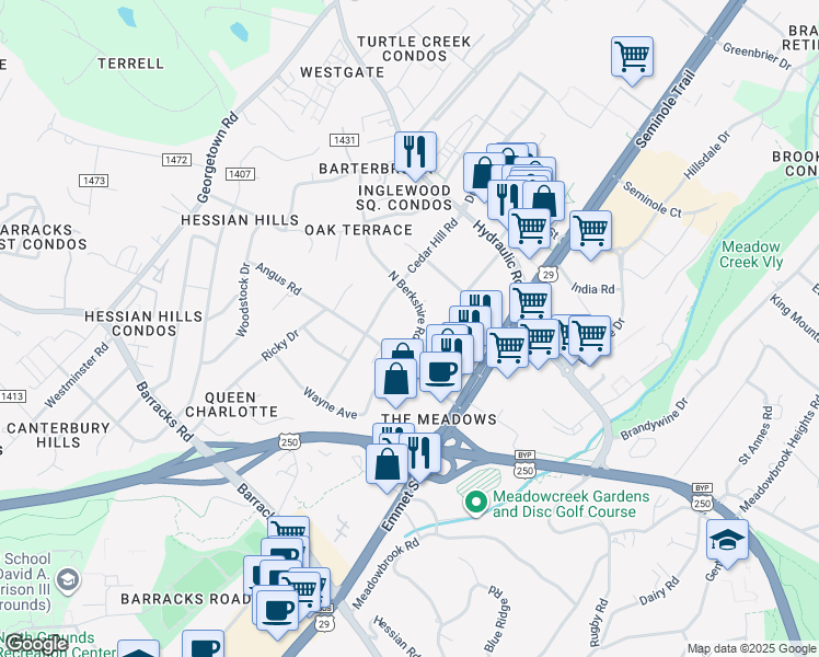 map of restaurants, bars, coffee shops, grocery stores, and more near 2205 North Berkshire Road in Charlottesville