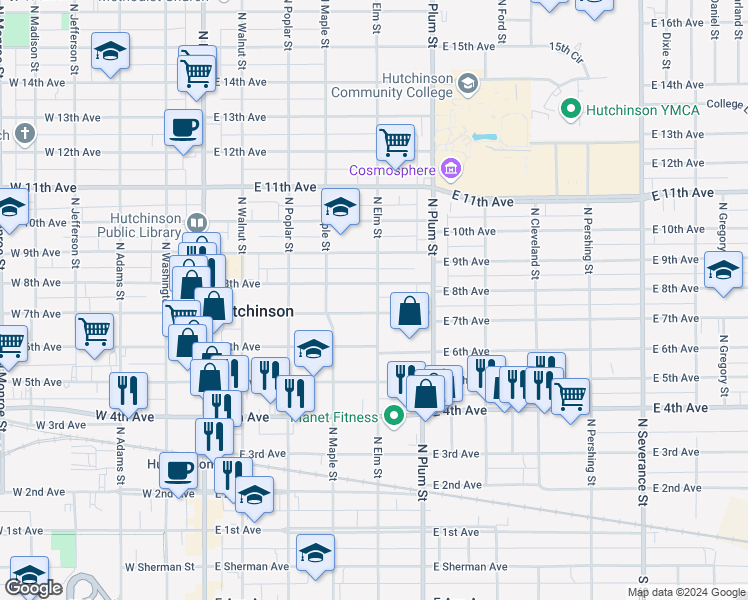 map of restaurants, bars, coffee shops, grocery stores, and more near 705 North Elm Street in Hutchinson