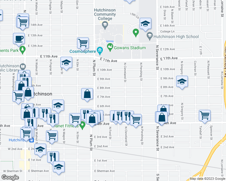 map of restaurants, bars, coffee shops, grocery stores, and more near 605 East 8th Avenue in Hutchinson