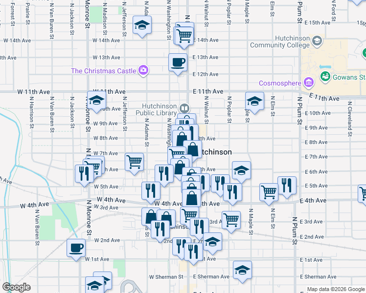 map of restaurants, bars, coffee shops, grocery stores, and more near 713 North Main Street in Hutchinson