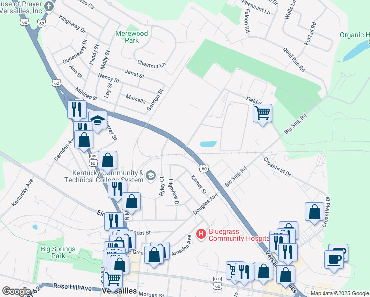 map of restaurants, bars, coffee shops, grocery stores, and more near Versailles Bypass in Woodford County