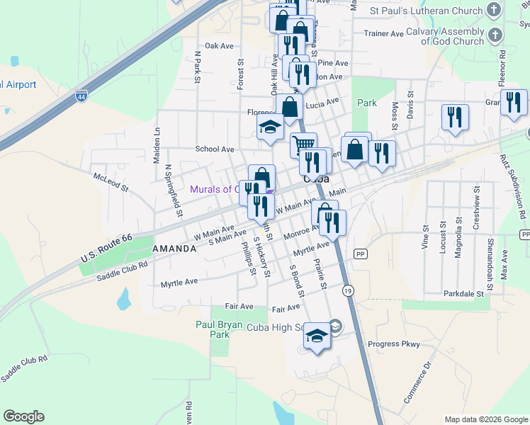 map of restaurants, bars, coffee shops, grocery stores, and more near 605 Main in Cuba