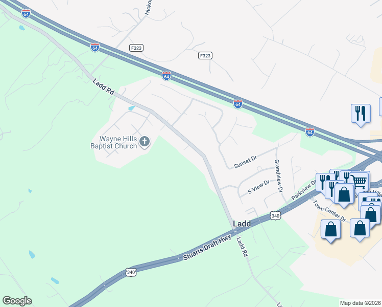 map of restaurants, bars, coffee shops, grocery stores, and more near 935 Ladd Rd in Waynesboro