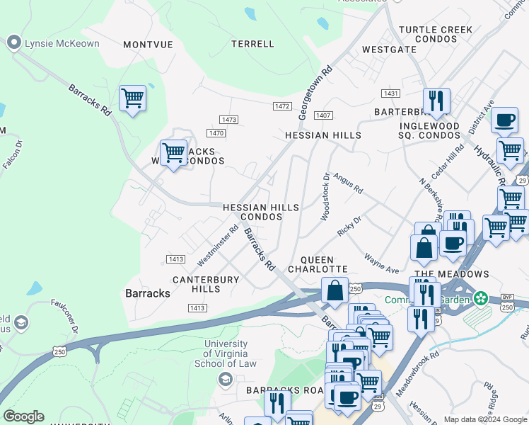 map of restaurants, bars, coffee shops, grocery stores, and more near in Albemarle County