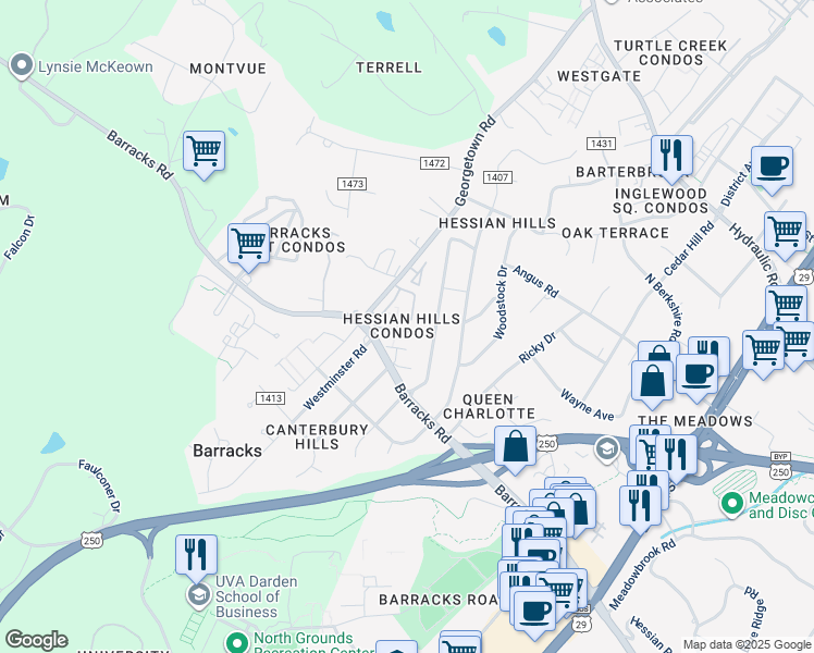 map of restaurants, bars, coffee shops, grocery stores, and more near 114 Hessian Hills Ridge in Charlottesville