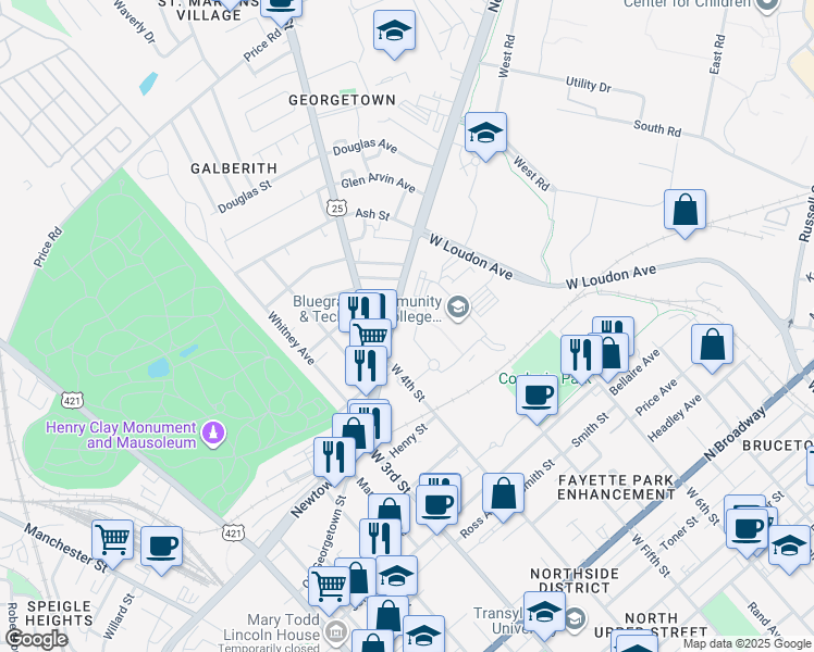 map of restaurants, bars, coffee shops, grocery stores, and more near 500 Newtown Pike in Lexington