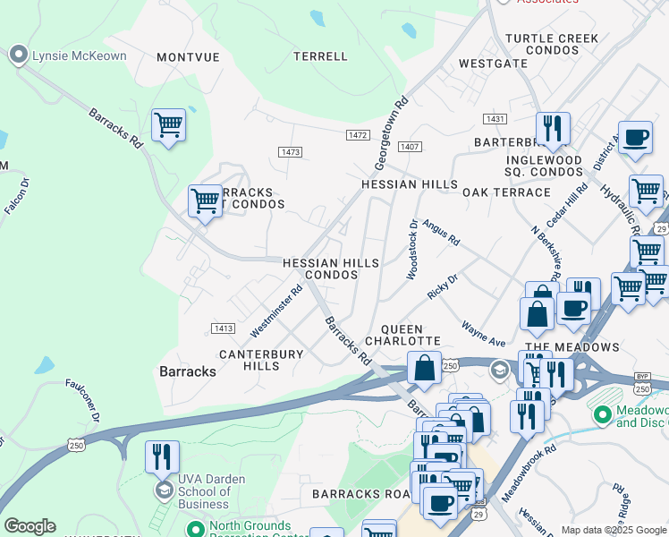 map of restaurants, bars, coffee shops, grocery stores, and more near 114 Hessian Hills Ridge in Charlottesville