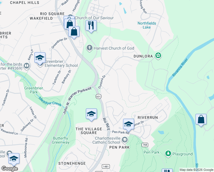 map of restaurants, bars, coffee shops, grocery stores, and more near 915 Rio Road East in Charlottesville
