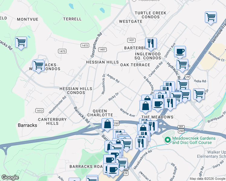 map of restaurants, bars, coffee shops, grocery stores, and more near 1603 Ricky Road in Charlottesville