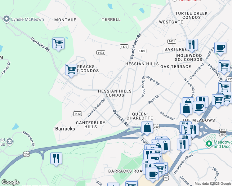 map of restaurants, bars, coffee shops, grocery stores, and more near in Albemarle County