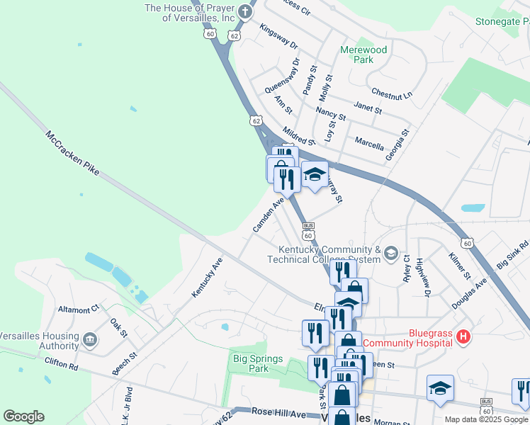 map of restaurants, bars, coffee shops, grocery stores, and more near 195 Virginia Avenue in Versailles