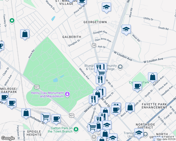 map of restaurants, bars, coffee shops, grocery stores, and more near 807 Whitney Avenue in Lexington
