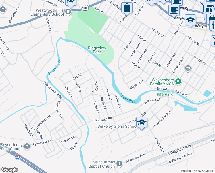map of restaurants, bars, coffee shops, grocery stores, and more near 213 River Road in Waynesboro