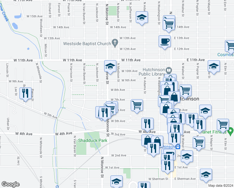 map of restaurants, bars, coffee shops, grocery stores, and more near 711 North Madison Street in Hutchinson