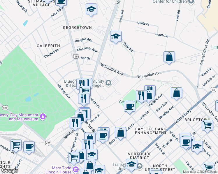 map of restaurants, bars, coffee shops, grocery stores, and more near 500 Newtown Pike in Lexington