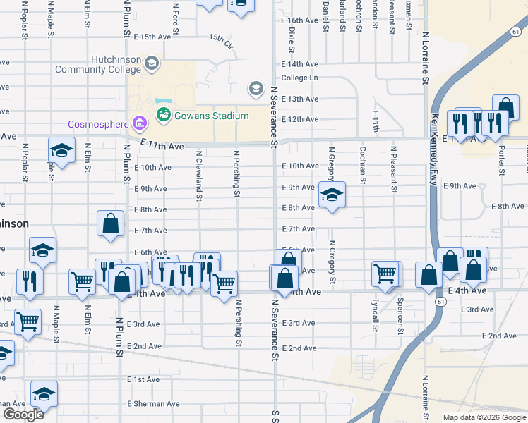 map of restaurants, bars, coffee shops, grocery stores, and more near 817 East 8th Avenue in Hutchinson